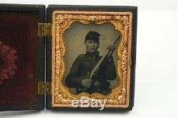 Civil War Photo 1/9th Plate Tintype Union Soldier Sitting with Rifle in Case