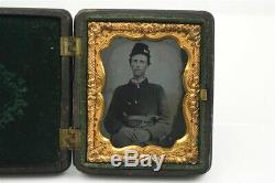 Civil War Photo 1/9th Tintype Frail Young Soldier Armed Revolver Bowie Knife