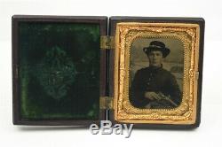 Civil War Photo 1/9th Tintype Soldier Armed with Colt Navy Revolver with Case