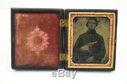Civil War Photo 1/9th Tintype Solider Armed with Marston Revolver in Union Case