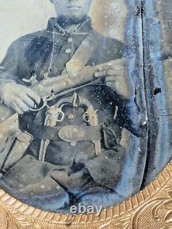 Civil War Soldier Ambrotype Glass Photograph Daguerreotype 2 REVOLVERS & RIFLE