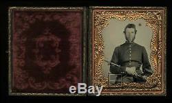 Civil War Soldier Officer Holding Sword 1/6 Ambrotype Photo 1860s Antique