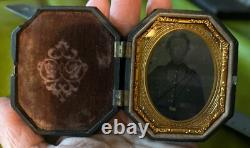 Civil War Soldier Tin type in Octagonal Union Case. Hand Painted Gold Buttons
