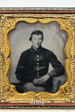 Civil War Soldier Tintype Photo Young Soldier Uniform Hinged Flocked Frame 19889