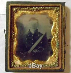 Civil War Soldier with Bowie Knife Ambrotype Photograph in Ornate Case