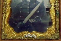 Civil War Soldier with Bowie Knife Ambrotype Photograph in Ornate Case
