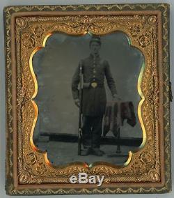 Civil War Soldier with Musket & Cap Box-Tinted Ambrotype