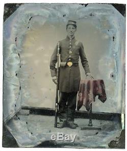 Civil War Soldier with Musket & Cap Box-Tinted Ambrotype
