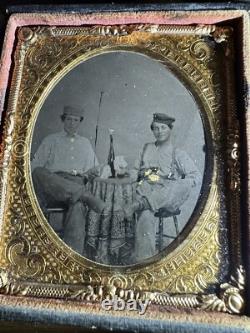 Civil War Soldiers One With Gun 1/6 Tintype Photo Rare 1860s Poker Beer Antique