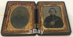 Civil War Time Ambrotype Daguerreotype Case Boy With Gun Union/Confederate Army