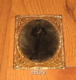 Civil War Tin Type Tinted Tintype Photograph Armed Young Union Cavalry Soldier