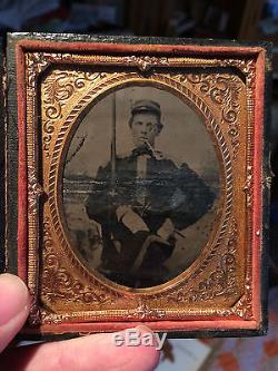 Civil War Tintype Armed Confederate 6th Plate with battle shirt rifle pipe
