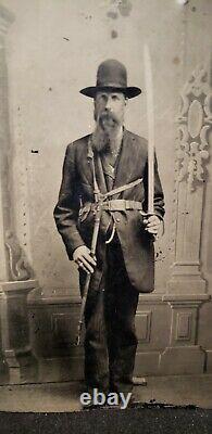 Civil War Tintype Confederate Soldier Holding Sword & Belt with Sword Hangers
