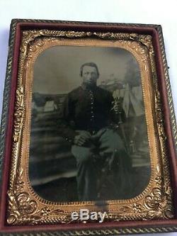 Civil War Tintype Photo Armed Cavalry Soldier With Sword Nice Campsite Back Drop