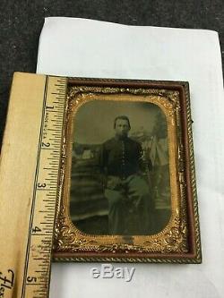 Civil War Tintype Photo Armed Cavalry Soldier With Sword Nice Campsite Back Drop