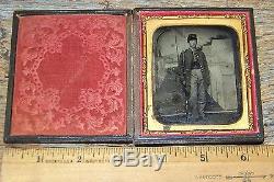 Civil War Tintype Photo Armed Soldier Musket Camp Scene Flag