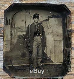 Civil War Tintype Photo Armed Soldier Musket Camp Scene Flag
