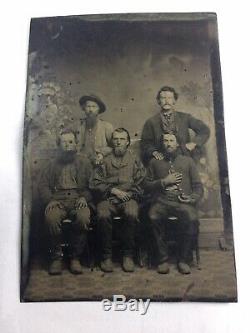 Civil War Tintype Photo Five Men One In Uniform Posing Together 6th Plate