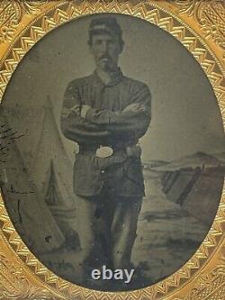 Civil War Tintype Photo Identified Union Soldier Patriotic Background Union Case