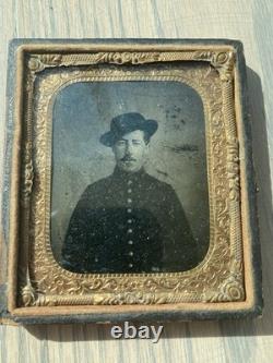 Civil War Tintype Photo Union Portrait Half Case Top Hat/Campaign Hat Uniform