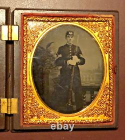 Civil War Tintype Photo of Armed Union Soldier with Musket in Gutta Percha Case