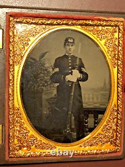 Civil War Tintype Photo of Armed Union Soldier with Musket in Gutta Percha Case