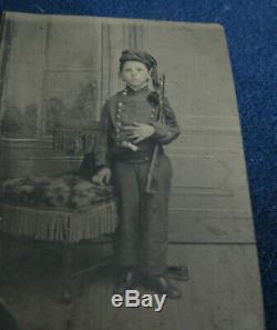 Civil War Tintype Photograph Young Boy In Uniform With Rifle Wearing Zouave Hat