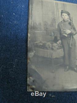 Civil War Tintype Photograph Young Boy In Uniform With Rifle Wearing Zouave Hat