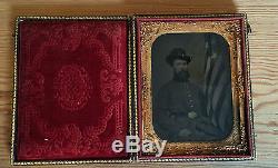 Civil War Tintype Union Soldier with tinted American Flag 1/4 Plate