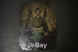 Civil War UNION SOLDIER 1/4 Plate Tintype in front of Back Drop, no case