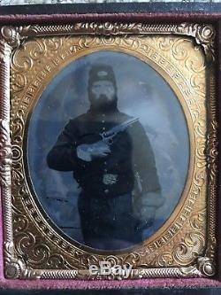 Civil War Union Soldier With Colt Revolver Tintype Photo In American Flag Case
