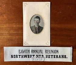 Civil War Veteran Tinted Tintype Photo & 1870s Reunion Ribbon Nebraska