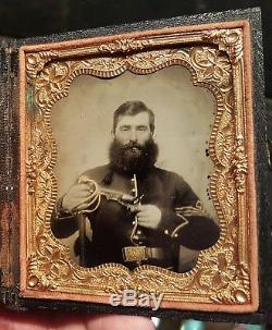 Civil War ambrotype of heavily bearded double armed cavalry soldier excellent