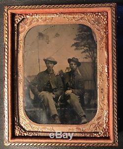 Civil War era 2 Union Soldiers Tintype sitting in front of a camp and US Flag