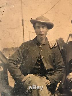 Civil War era 2 Union Soldiers Tintype sitting in front of a camp and US Flag