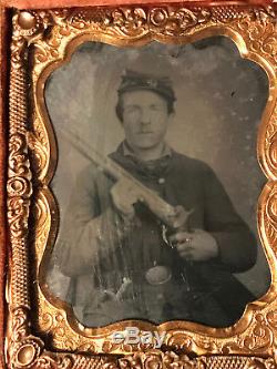 Civil War era Ambrotype Union Soldier with 2 weapons rifle, knife, wearing kepi