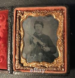 Civil War era Ambrotype Union Soldier with 2 weapons rifle, knife, wearing kepi