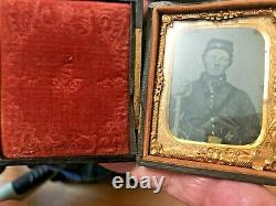 Civil War era Soldier-Tintype Photo in Brass frame-Inside period Carrycase (F)