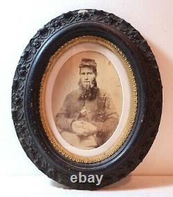 Civil War soldier, beard, smoking pipe, Confederate large oval frame photo