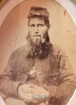 Civil War soldier, beard, smoking pipe, Confederate large oval frame photo