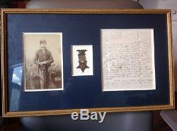 Civil War soldier cdv photograph with Service medal and letter in frame