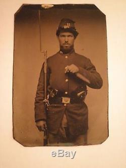 Civil War soldier tintype photograph nice content musket, knife, pistol etc