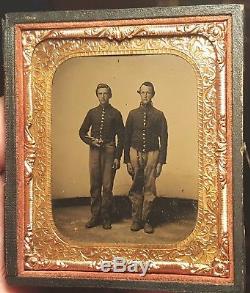 Civil War tintype of two soldiers one holding a revolver nice and clear
