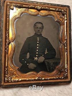 Confederate Civil War 6th plate Ambrotype Reb With 2 piece Buckle Gold Gilted