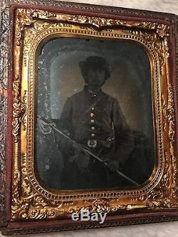 Confederate Civil War Ambrotype Photo Reb Holding Nashville Works sword & Pistol
