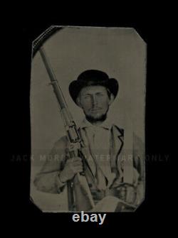 Confederate Civil War Soldier Tintype Armed w Bowie Knife & Colt Revolving Rifle