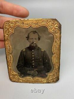 Daguerreotype Tin Civil War Photo. Officer In Uniform. Original Gilded Frame