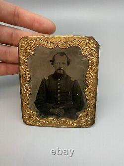 Daguerreotype Tin Civil War Photo. Officer In Uniform. Original Gilded Frame