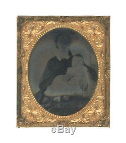 Double 1/6 Plate Civil War Tintypes Armed Union Soldier and Mother/Baby with ID