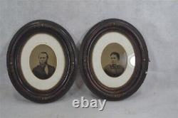 Early antique tintype photo pair oval frame Civil War Era ancestors 19th c 1870